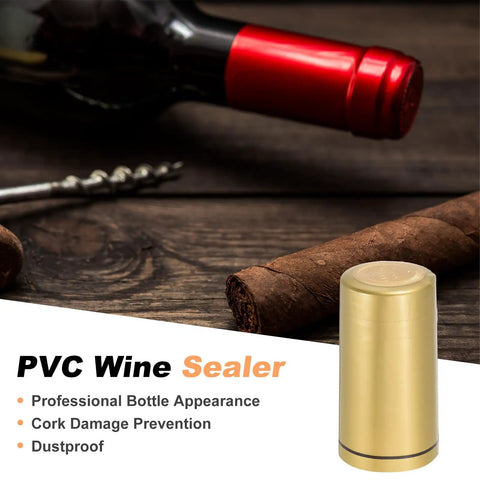 Top Shelf PVC Heat Shrink Bottle Caps Gold 30X60mm Size 50 Pack on wooden table with wine bottle and cigar.