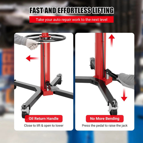 Heavy Duty 1100 Lbs Hydraulic Transmission Jack With 2 Stage Telescoping Arm And Massive Load Support For Smooth Engine Swaps On Any Car Or Light Truck In Your Home Garage Shop Today! showing lifting mechanism and controls.