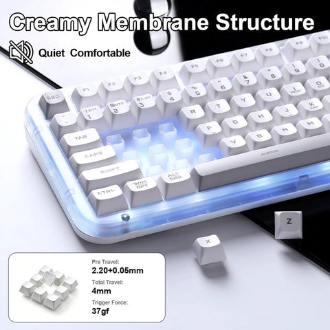 Tri Mode Wireless Gaming Keyboard Bluetooth 5 0 And 2 4 Ghz Silent Creamy White Keys For Multi Device Switching showing creamy membrane structure and RGB backlighting.