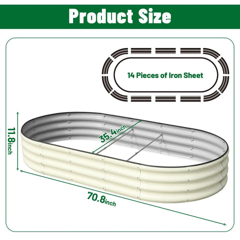 Two Pack Raised Garden Bed Kit With Oval Metal Planter For Outdoor Use, Ground Planter Box For Vegetables And Flowers, 72 Inch Long By 36 Inch Wide By 12 Inch High, No Fuss Assembly For Quick Setup showing dimensions and pieces