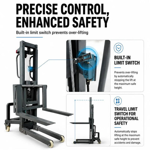 Heavy Duty 661 Lb Electric Pallet Stacker With Adjustable Forks Remote Control showing built-in limit switch for safety.