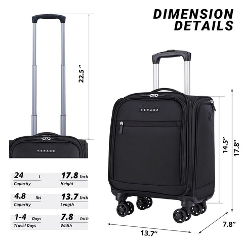 Verage black underseat carry-on luggage with wheels; softside 14.5-inch spinner, extendable handle, front and side views