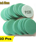 Premium 50mm Sanding Discs Hook Loop With Eight Holes For Fast Dust Removal, 60 Grit Zirconia Green Film Abrasives 100 Pcs stacked in view.