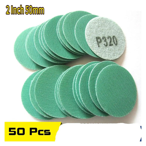 Premium 50mm Sanding Discs Hook Loop With Eight Holes For Fast Dust Removal, 60 Grit Zirconia Green Film Abrasives 100 Pcs stacked in view.