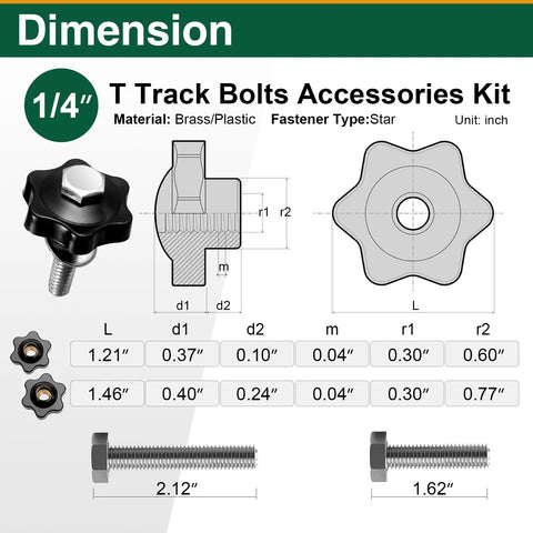 Dimensions and components of 20 Pack 1/4-20 T Track Bolts And Star Knobs Set With 1-1/2 Inch And 2 Inch Hex Bolts And Washers.