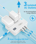 Flat Plug Power Strip With 3 Outlets And 3 USB Ports, 4 Ft Desk Charging Station showing AC and USB connections
