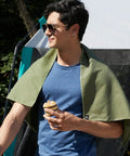 Man outdoors wearing Ultra Compact Microfiber Towel for Travel, Gym, and Camping, Fast Dry, Super Absorbent, Lightweight