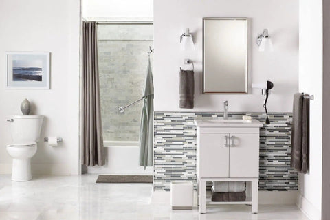 Oil Rubbed Bronze 18 Inch Towel Bar From Voss Collection Square Bar Bath Accessory mounted on wall beside bathroom vanity