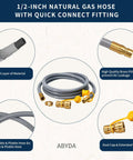 Half Inch Natural Gas Hose With Quick Connect For Propane To Natural Gas Conversion Kit For BBQ Grill Generator Pizza Oven Patio Heater Durable Weather Resistant CSA Certified with fittings and features displayed.