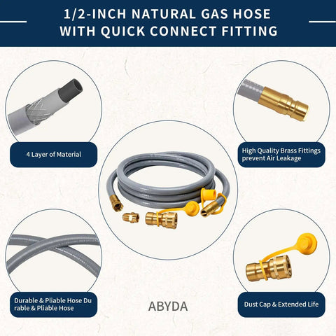 Half Inch Natural Gas Hose With Quick Connect For Propane To Natural Gas Conversion Kit For BBQ Grill Generator Pizza Oven Patio Heater Durable Weather Resistant CSA Certified with fittings and features displayed.