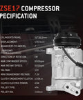 7ZSE17 compressor specifications including dimensions, lubrication, rotation direction for Built Like A Tank AC Compressor With Clutch For Chevy Suburban Tahoe GMC Yukon XL Cadillac Escalade 2015 To 2020 5.3L And 6.2L Direct Fit Zero Sweat Cooling ACE Upgrade.
