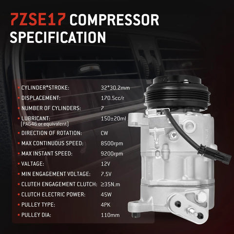 7ZSE17 compressor specifications including dimensions, lubrication, rotation direction for Built Like A Tank AC Compressor With Clutch For Chevy Suburban Tahoe GMC Yukon XL Cadillac Escalade 2015 To 2020 5.3L And 6.2L Direct Fit Zero Sweat Cooling ACE Upgrade.