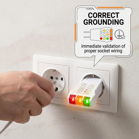 Grounding And Outlet Tester Kit For Home Electrical Safety, White Portable Plug In Detector showing correct grounding in a wall outlet