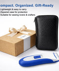 Electric Seam Ripper Pro Kit With Storage Case And USB Charging, showing cordless machine and zippered case next to a gift box.
