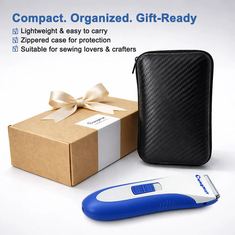 Electric Seam Ripper Pro Kit With Storage Case And USB Charging, showing cordless machine and zippered case next to a gift box.