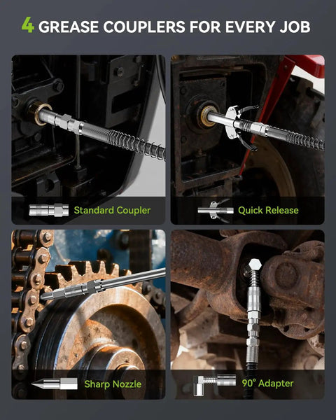 Beefed Up Cordless Electric Grease Gun With 2x4.0Ah Batteries, 12000 PSI High Flow At 5.3 Ounces Per Minute, 39.4 Inch Hose And 90 Degree Coupler, showing grease couplers in use on mechanical parts