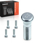 5 Pieces M12 1.50 Wheel Studs For Honda And Acura Cars Including CR V Civic Accord Pilot Odyssey HR V Crosstour RDX TLX TSX NSX Legend RL CL Isuzu Oasis Beef Up Your Ride With DIY Wheel Upgrades And Everyday Street Ready Rides product packaging and studs in close-up view.