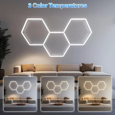 Hexagon Garage LED Lights 3 Pack 128W 17280LM Color Temperature Adjustable 6500K 4500K 3000K Ceiling Lights For Workshop Basement Gym Warehouse Salon installed above sofa