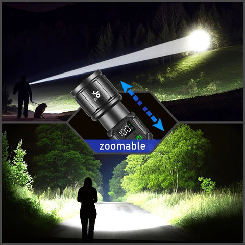 Beast Mode 10000 Lumen LED Flashlight with Digital Power Display, zoomable focus lighting up outdoor area during night