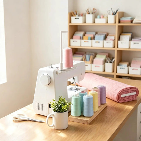 Heavy Duty Thread Spool Stand For Sewing Machines Featuring A Sick Anti Tangle Guide And Jumbo Cone Holder Totally No Sweat Bracket For Quilting Embroidery Setup Straight Up Smooth Operation In White next to sewing machine with colorful thread.