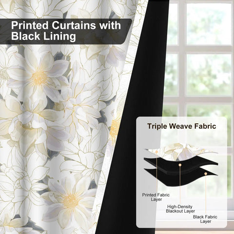 Beige And Gold Floral Blackout Curtains For Bedroom And Living Room Thermal Soundproof Window Drapes That Block Ninety Percent Of Light Darken Rooms 84 Inch Length 2 Panels With Tiebacks Chic Patterned Polyester Curtains For Sleep And Privacy curtain showing triple weave fabric and black lining.