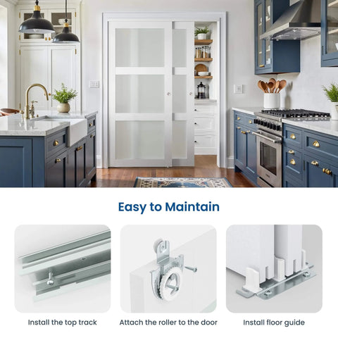 Sliding Closet Door Set For 72x80 Inch Openings, 3 Lite Frosted Glass MDF Barn Door With Hardware Kit installed in kitchen area