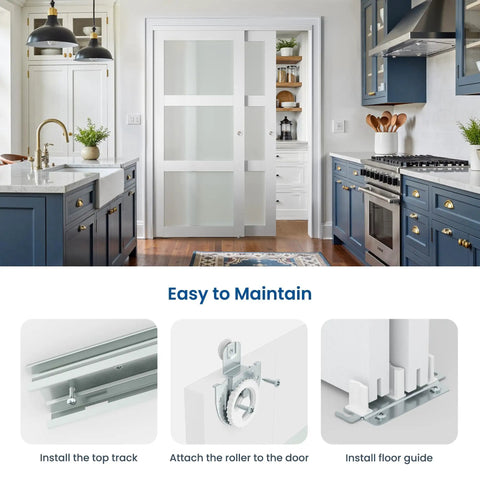 Top Shelf White Sliding Closet Door Kit For 128 By 80 Inch Openings featuring easy installation steps and smooth gliding panels.