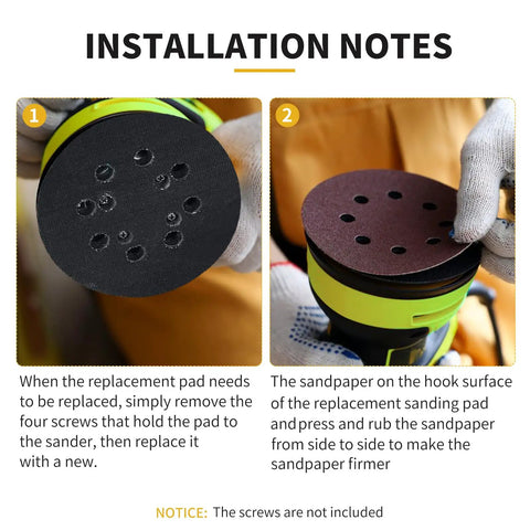 Installation notes for 5 Inch 8 Hole Hook And Loop Replacement Sander Pads For Ryobi And Ridgid Random Orbital Sanders Backing Pad Replacement Fits PCL406 RS240 RS280 RS281VS RS290 P410 P411 And More showing pad replacement and sandpaper alignment