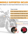 Royal Enfield motorcycle with text on compatible models for OBD2 adapter, highlighting Interceptor 650 and Continental GT models.