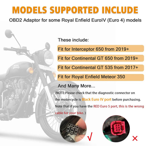 Royal Enfield motorcycle with text on compatible models for OBD2 adapter, highlighting Interceptor 650 and Continental GT models.