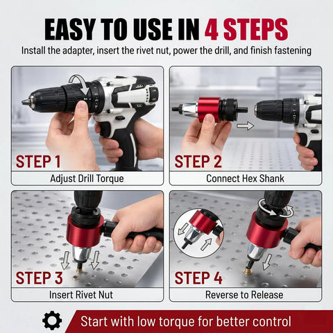 Step by step guide using Turn Any Drill Into A Power Rivet Gun With This M3 To M8 Electric Rivet Nut Adapter Kit for riveting.