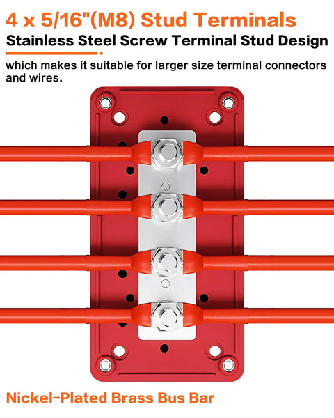 Built Tough 300A Waterproof Power Distribution Block With Four 5/16 M8 Terminal Studs, stainless steel terminal design.