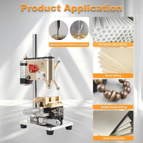 High Precision Watch Drill Press With Variable Speed Up To 9500 Rpm, mini electric machine for jewelry repair, showing various drilling applications.