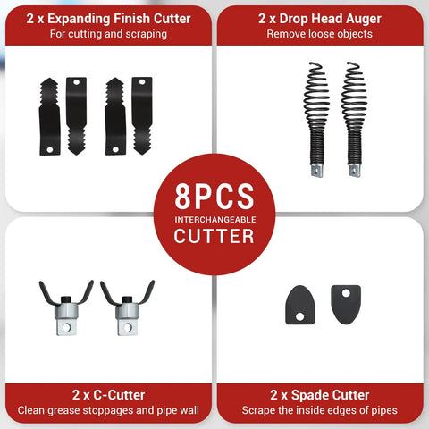 8 interchangeable cutters for Heavy Duty Electric Drain Cleaner Machine, including different designs for versatile pipe clearing.