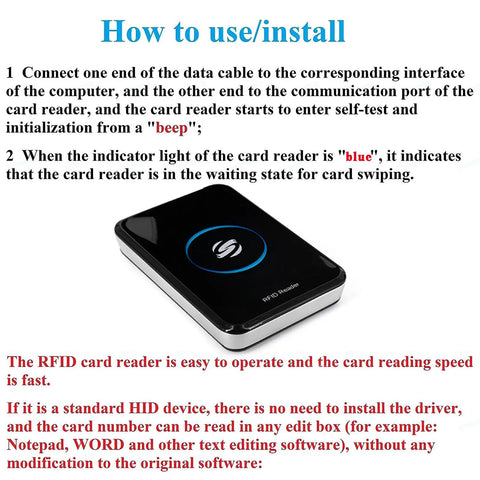 Dual Frequency RFID Reader In A Built Tough Metal Case with instructions for use and installation shown