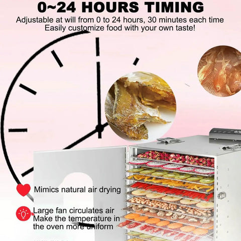 Top-Shelf Commercial Food Dehydrator With 16 Stackable Trays And Badass Stainless Steel Frame with adjustable timer and food.
