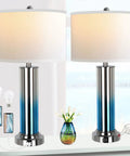 Set Of 2 Ombre Indigo Glass Table Lamps With USB Ports, LED Bulbs Included, Contemporary Bedside Lamps 27 Inch Tall