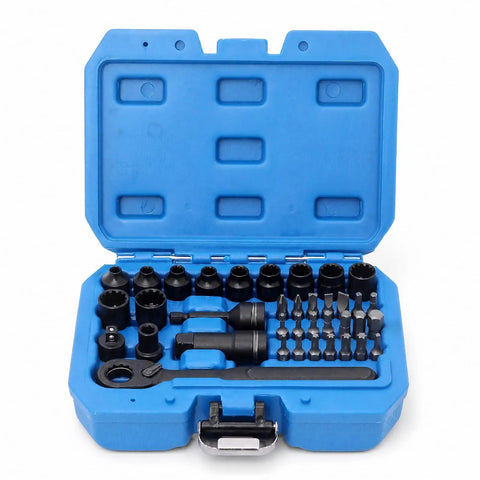 Knockout 37 Piece 1/4 Inch Drive Pass Through Ratchet Socket Set With Bidirectional Go Through Torque And Rugged Molded Carry Case opened display with sockets arranged