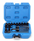 37 Piece 1/4 Inch Drive Slick Pass Through Ratchet Socket Set Featuring Smooth Bidirectional Swing Action And Beefy Chrome Steel Bits For Grease Monkeys And Weekend Fixers in blue case.