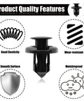 Image showcasing features of 20 Pack Front Bumper Retainer Clips 10mm Fender Liner Clips Nylon Push Type Fasteners with icons and benefits.