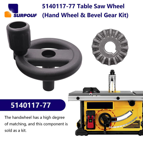 Replacement Table Saw Hand Wheel And Bevel Gear Kit For DeWalt Saws Like DW745 featuring wheel and gear next to saw diagram.