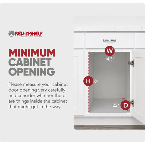 Minimum cabinet opening measurements for the Heavy Duty Chrome Wire Pullout Cabinet Organizer Slick Glide Basket for Pots Pans And Lids.