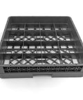 Built Tough Commercial Glass Cup Rack With Sixteen Compartments Dishwasher Safe Design Heavy Duty Storage For Busy Restaurants No Sweat Kitchen Organization In Gray side angle view of gray plastic cup rack