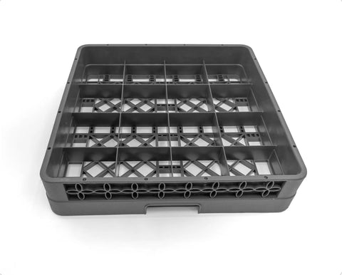Built Tough Commercial Glass Cup Rack With Sixteen Compartments Dishwasher Safe Design Heavy Duty Storage For Busy Restaurants No Sweat Kitchen Organization In Gray side angle view of gray plastic cup rack