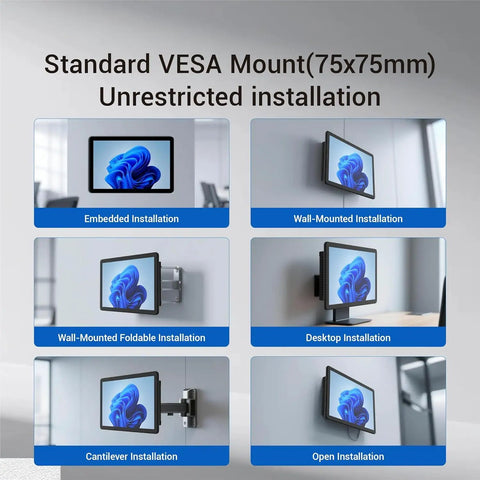 Standard VESA Mount options for the 10 Point Touchscreen Panel PC Running Win 11 With Intel Celeron N5095 for various installations.