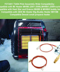 Front view of Mr Heater Portable Buddy heater with inset replacement pilot assembly kit (red hose, brass fittings).