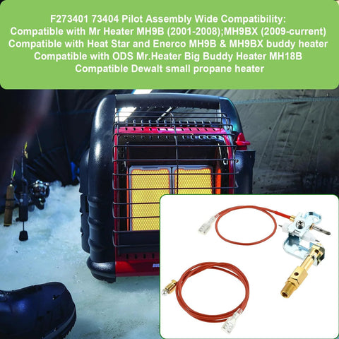 Front view of Mr Heater Portable Buddy heater with inset replacement pilot assembly kit (red hose, brass fittings).