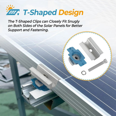 T-shaped design of Heavy Duty Kickass Solar Panel Clamps With Bolt Nuts Corrosion Proof Aluminum Mid Mount Brackets installed on rooftop.