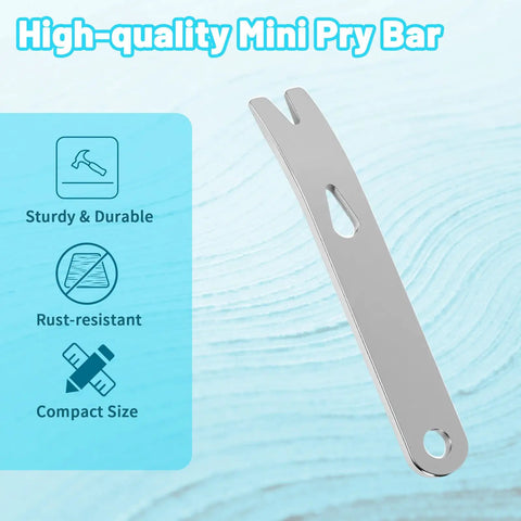 Four Pack Mini Pry Bars Set Stainless Steel Pocket Crowbars Everyday Carry EDC Tools Multi Function Pry Scraper And Opener Rust Resistant Pocket Size About 3 Inches shown against blue background.