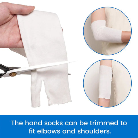 Breathable Stockinette Hand Tubing For Wrist Braces And Thumb Spica Liners being cut and worn on arm, white small to large.